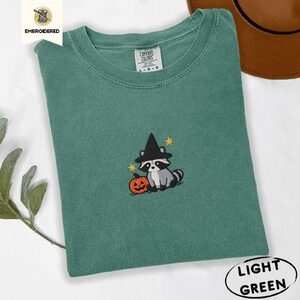 Light Green Witch Raccoon and Pumpkin Embroidered T-Shirt