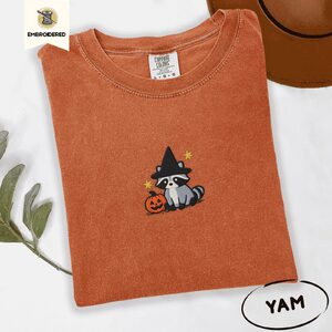Yam Witch Raccoon and Pumpkin Embroidered T-Shirt