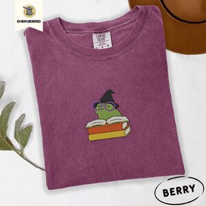 Berry Witchy Frog and Books Embroidered T-Shirt