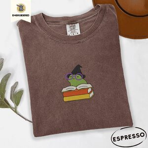 Espresso Witchy Frog and Books Embroidered T-Shirt