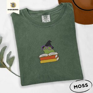 Moss Witchy Frog and Books Embroidered T-Shirt