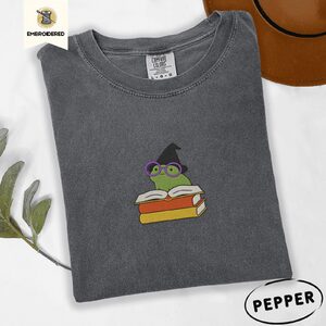 Pepper Witchy Frog and Books Embroidered T-Shirt