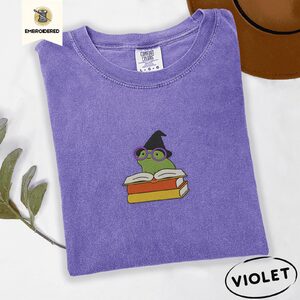 Violet Witchy Frog and Books Embroidered T-Shirt