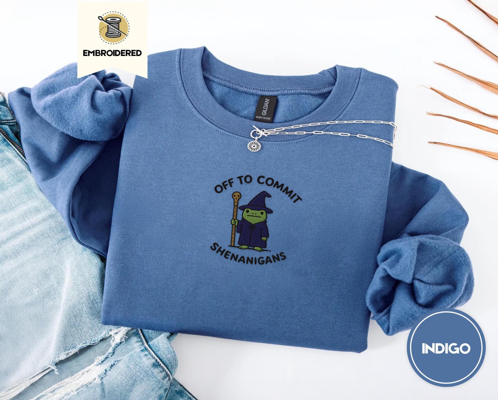 Indigo Blue Wizard Frog Embroidered Sweatshirt