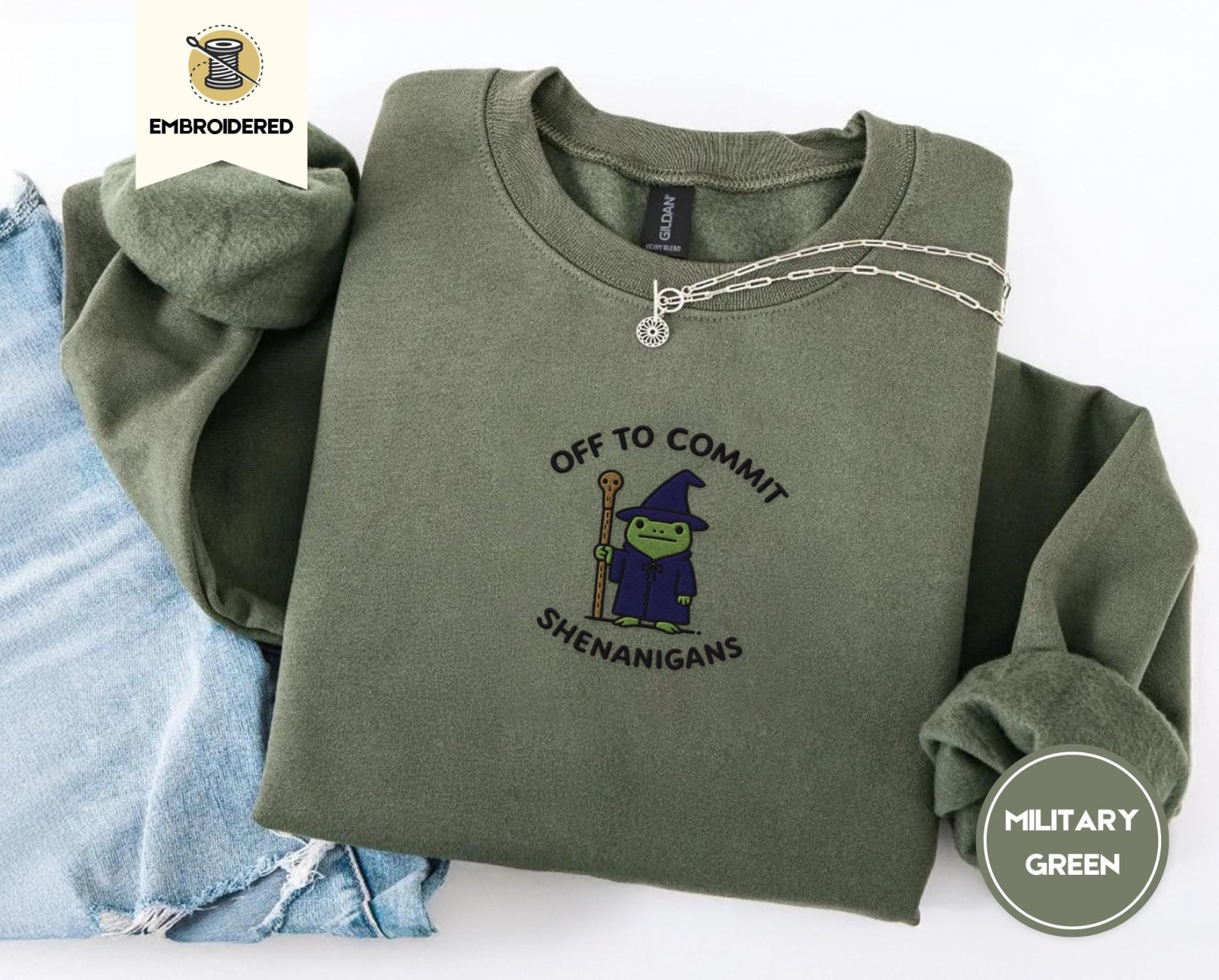 Military Green Wizard Frog Embroidered Sweatshirt