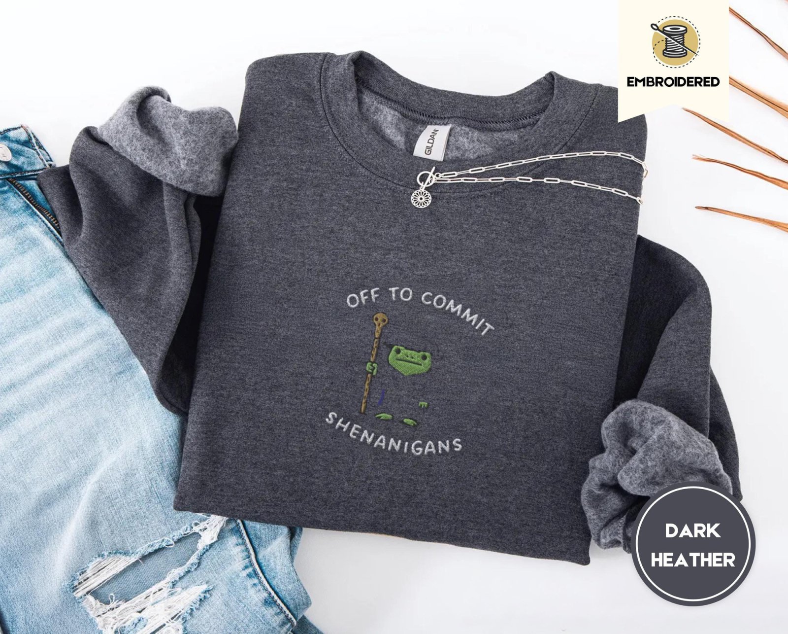 Dark Heather Wizard Frog Shenanigans Embroidered Sweatshirt