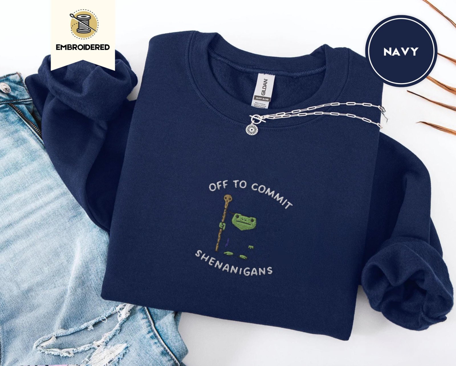 Navy Wizard Frog Shenanigans Embroidered Sweatshirt