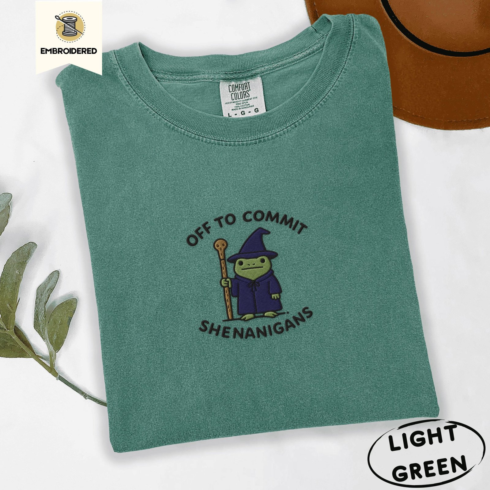 Light Green Wizard Frog Shenanigans Embroidered T-Shirt