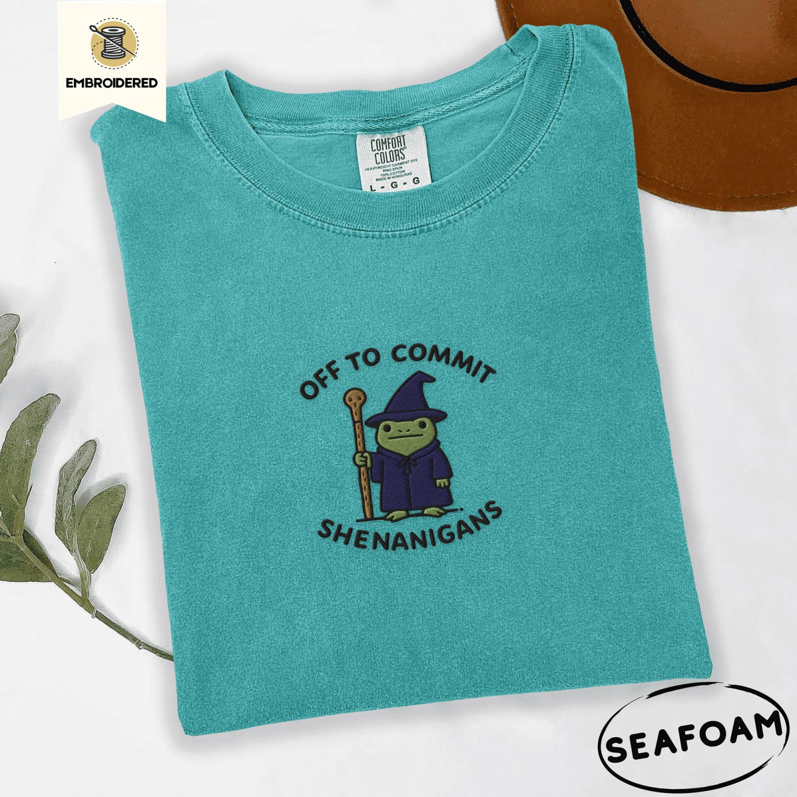 Seafoam Wizard Frog Shenanigans Embroidered T-Shirt