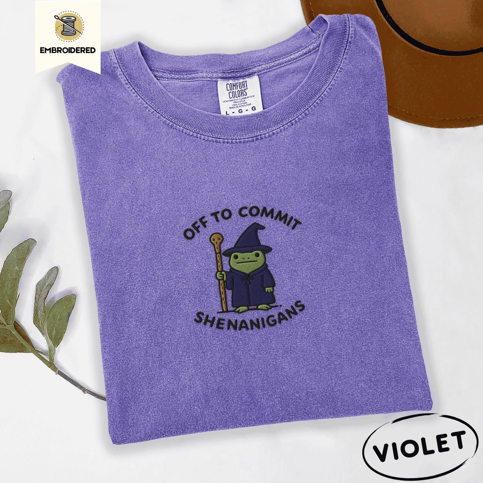 Violet Wizard Frog Shenanigans Embroidered T-Shirt
