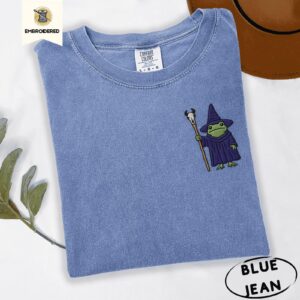 Blue Jean Wizard Frog with Staff Embroidered T-Shirt