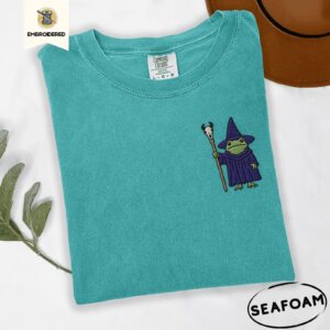 Seafoam Wizard Frog with Staff Embroidered T-Shirt