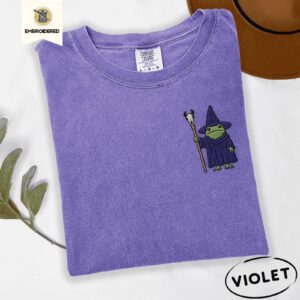 Violet Wizard Frog with Staff Embroidered T-Shirt