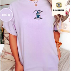 Person wearing an orchid Wizard Raccoon Shenanigans Embroidered T-Shirt