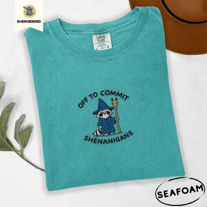 Seafoam Wizard Raccoon Shenanigans Embroidered T-Shirt