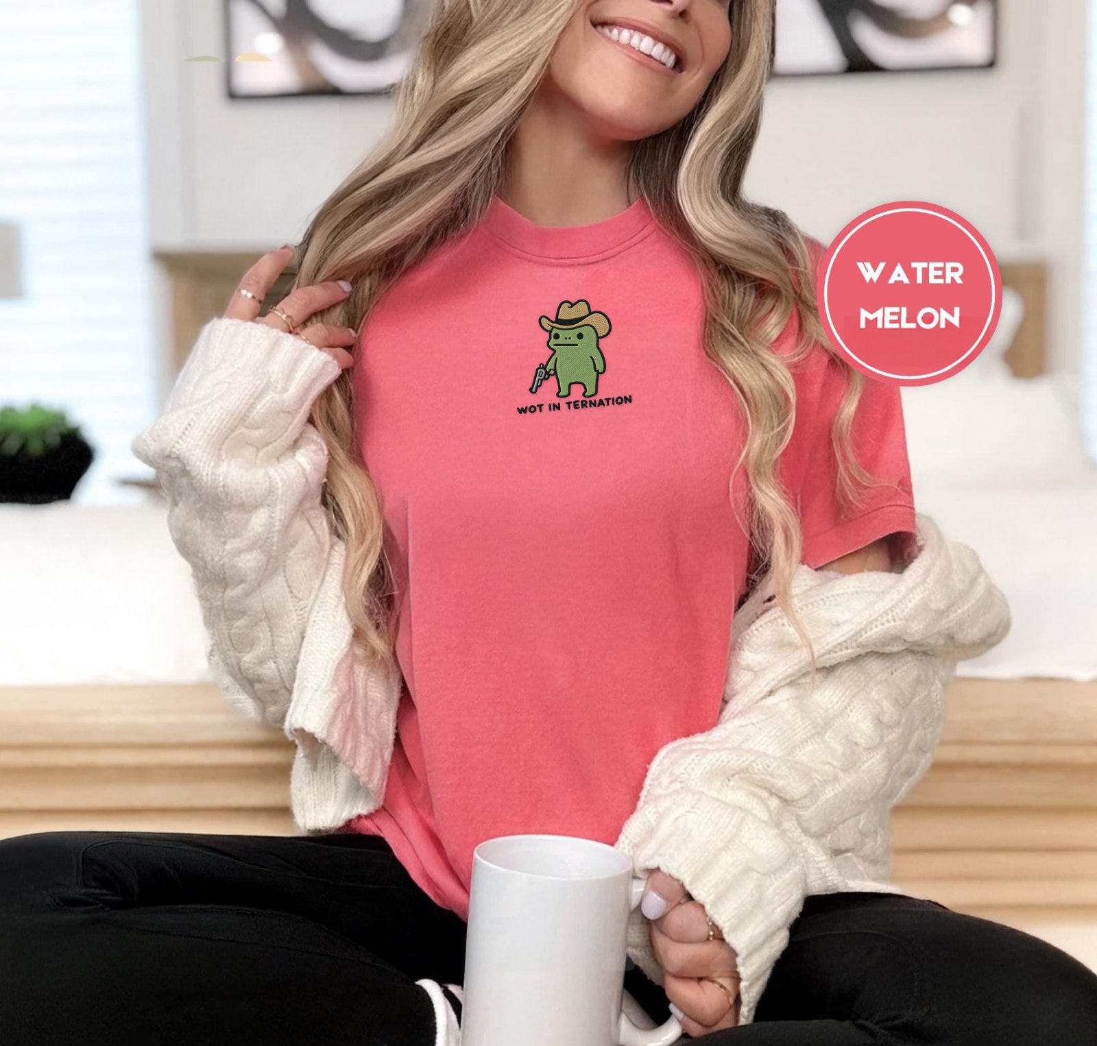 Person wearing a watermelon Wot in Tarnation Cowboy Frog Embroidered T-Shirt
