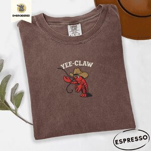 Espresso Yee Claw Cowboy Lobster Embroidered T-Shirt
