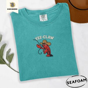 Seafoam Yee Claw Cowboy Lobster Embroidered T-Shirt