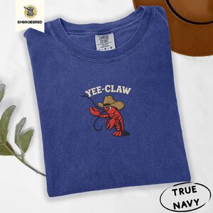 True Navy Yee Claw Cowboy Lobster Embroidered T-Shirt
