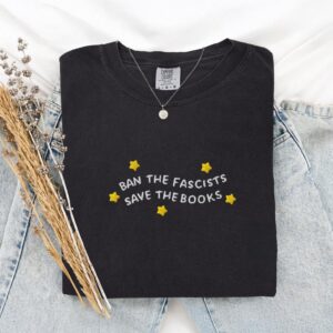 Black Yellow Stars Save Books Embroidered T-Shirt